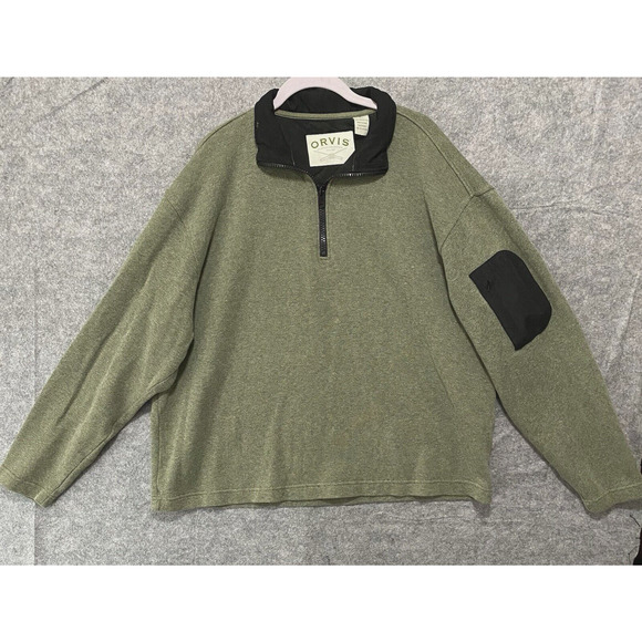 ORVIS Pullover‎ Sweater Mens XL Green 1/4 Zip Arm Pocket Mesh Neck Thick - Picture 1 of 7